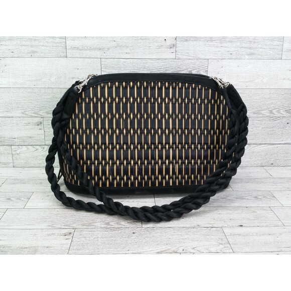 Baskets of Cambodia Crossbody Handbag Women Oval Straw Black Organizer Bag - Picture 5 of 12